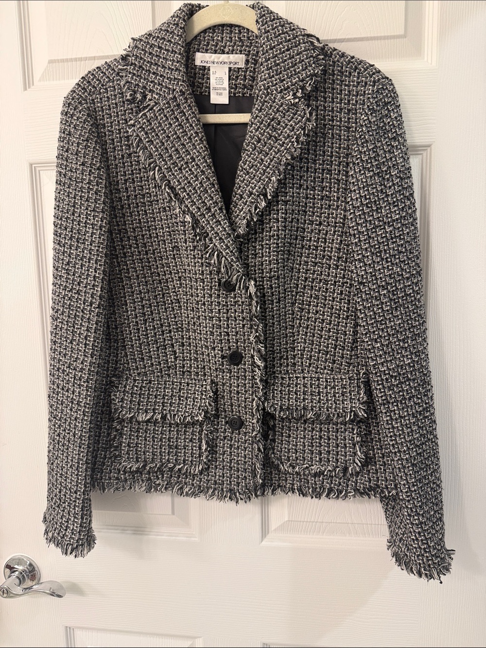 Jones New York Black and White Tweed Fringe Blazer